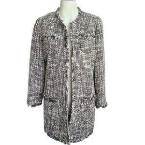 Chico's Tweed Open Front Wool Blend Long Neutral Blazer Fringe Sz 4 (Chico's 0)